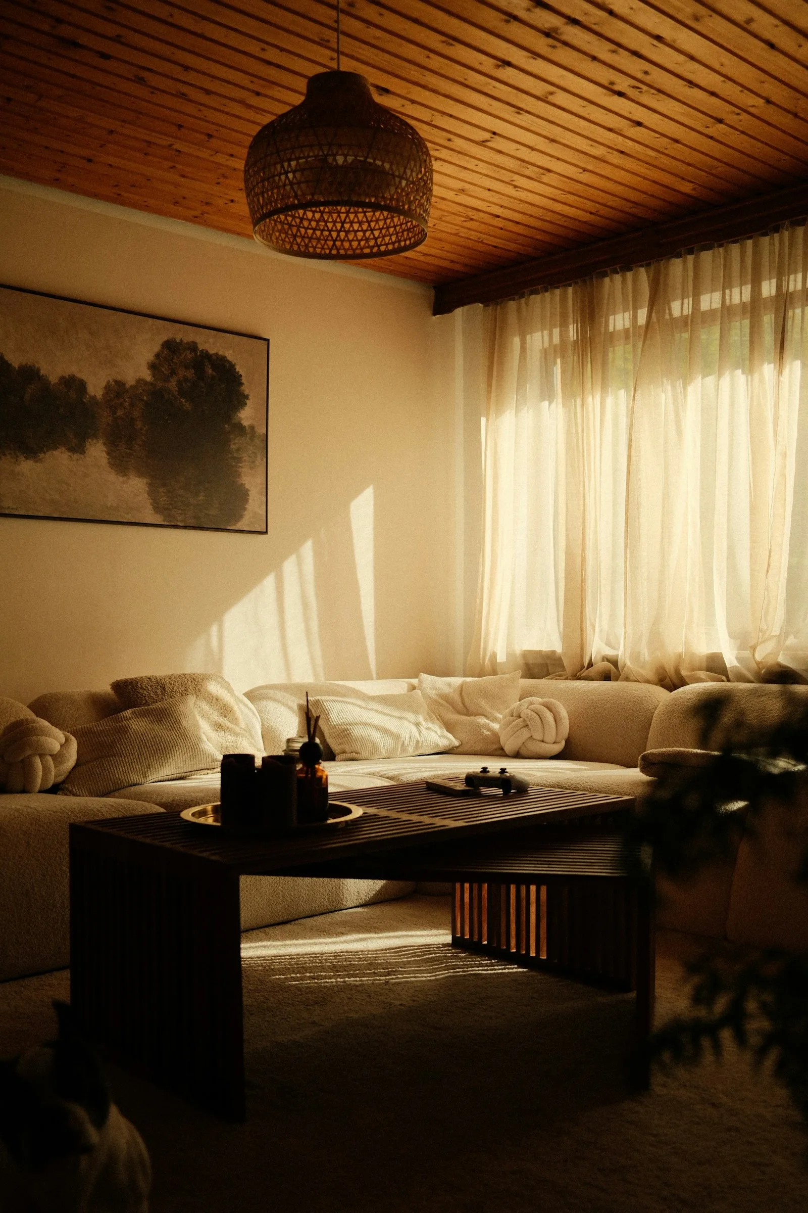 Sunlit living room with light curtains and wood furniture